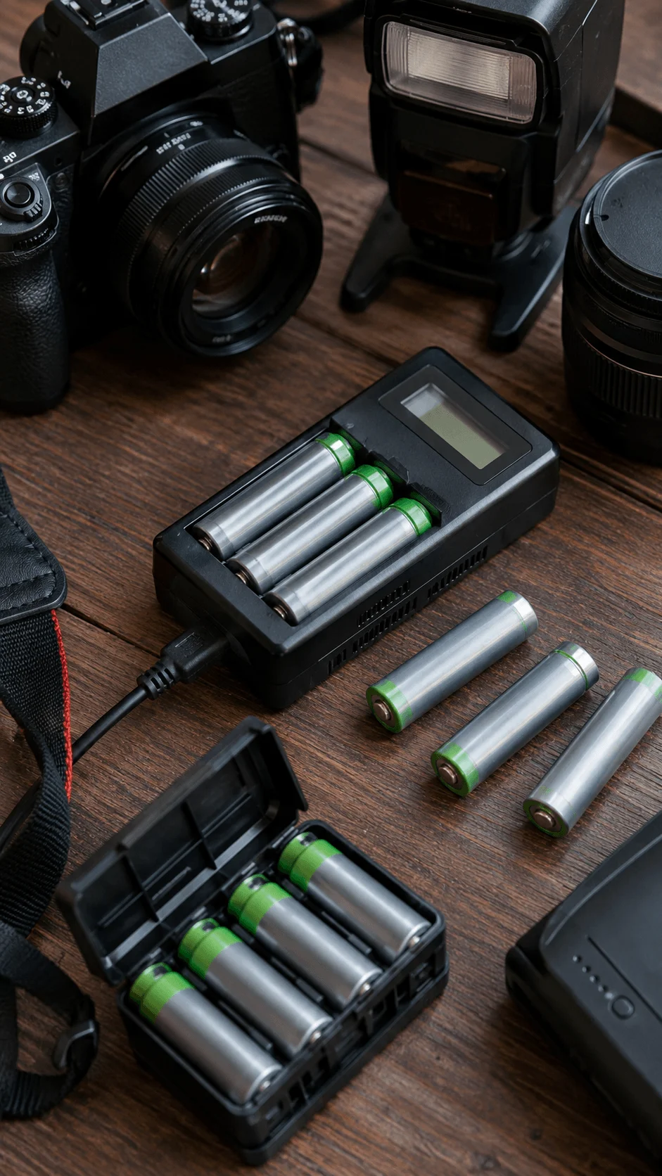 Rechargeable batteries and battery chargers arranged with a camera, lenses, and flash equipment on a wooden table.
