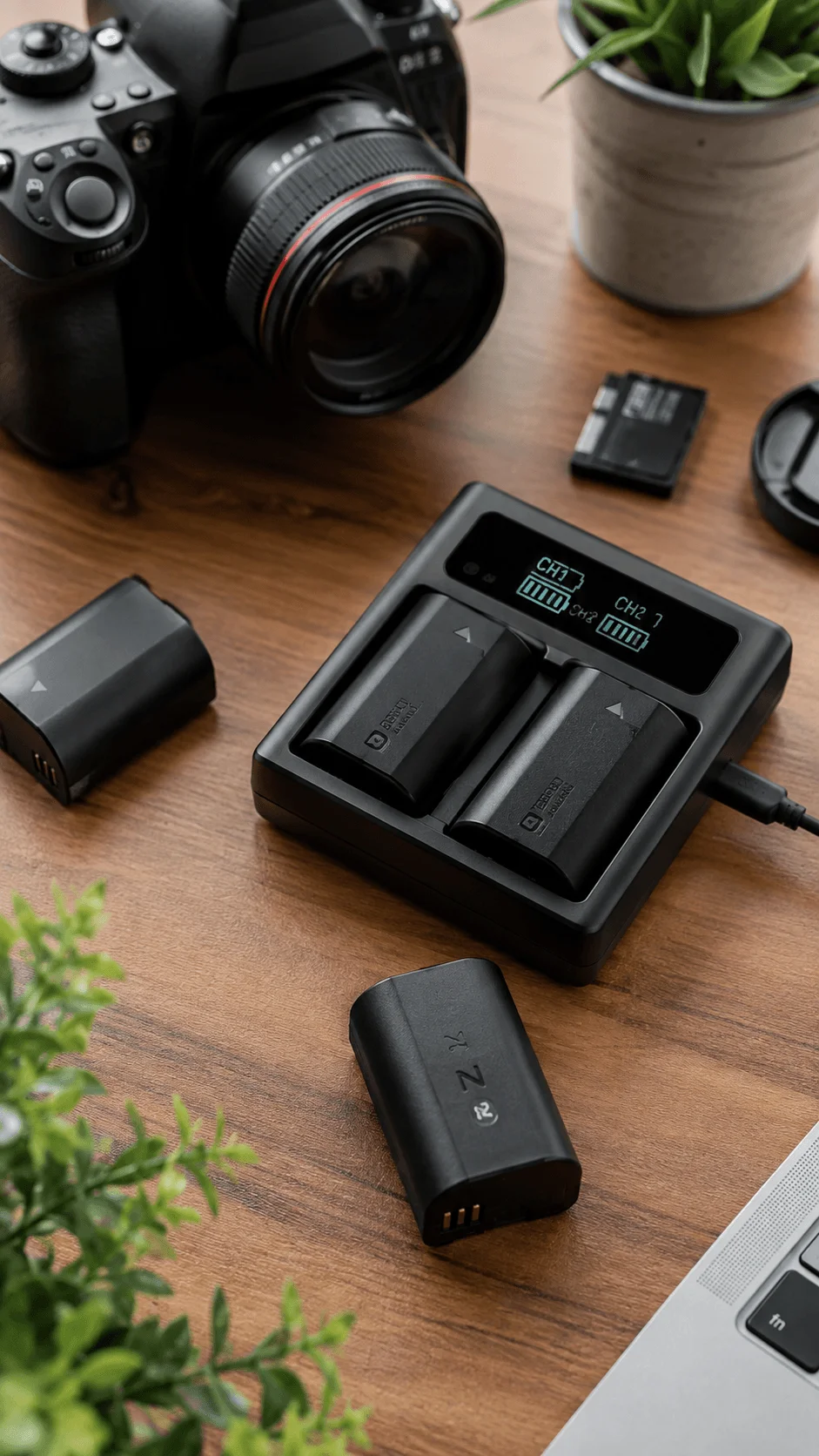 Rechargeable camera batteries with dual battery charger and professional camera on a photography workspace