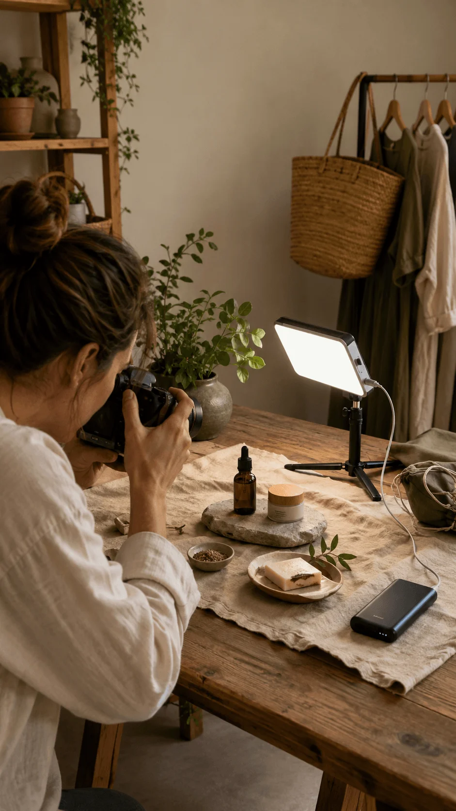 Photographer using rechargeable LED lighting to capture sustainable product photography setup with natural textures plants wooden table and eco friendly styling
