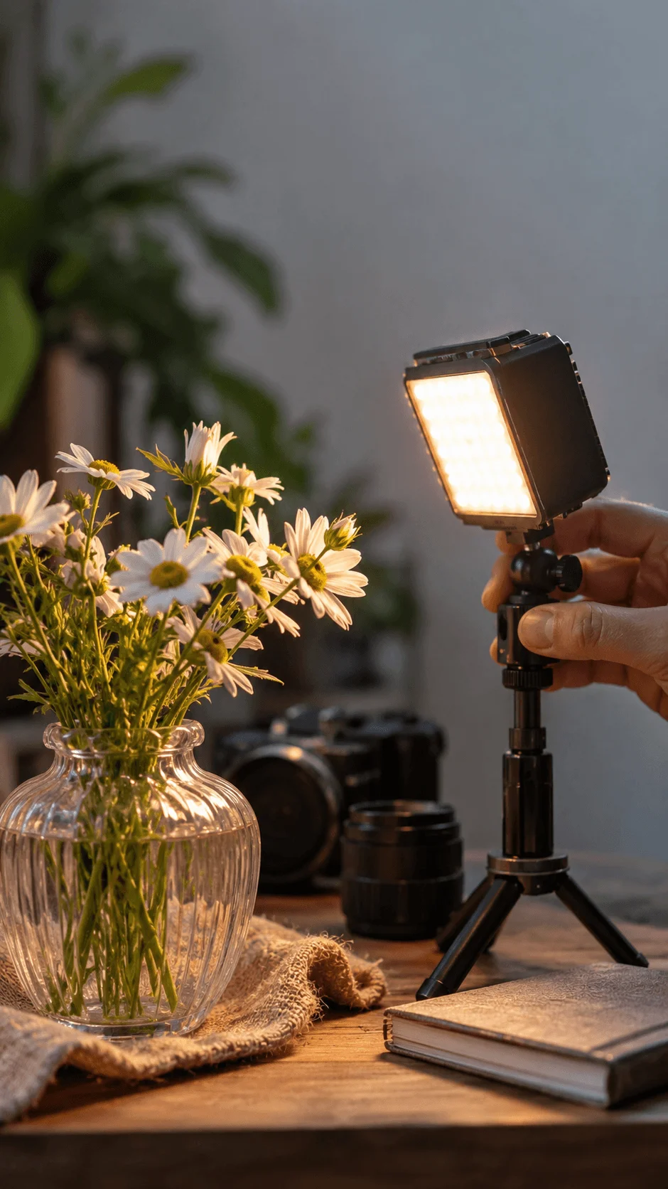 Rechargeable LED micro light illuminating a vase of daisies beside a camera and lens on a wooden table with warm natural lighting and a cozy photography setup