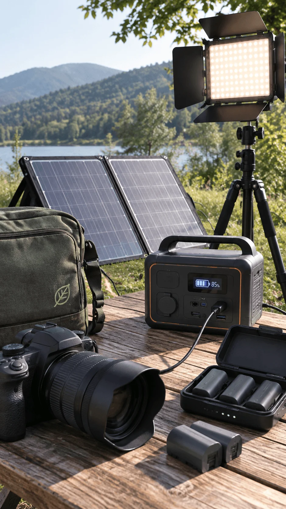 Rechargeable and solar photography accessories with a solar panel, portable power station, LED light, camera, lens, batteries, and outdoor photography gear beside a lake and mountains