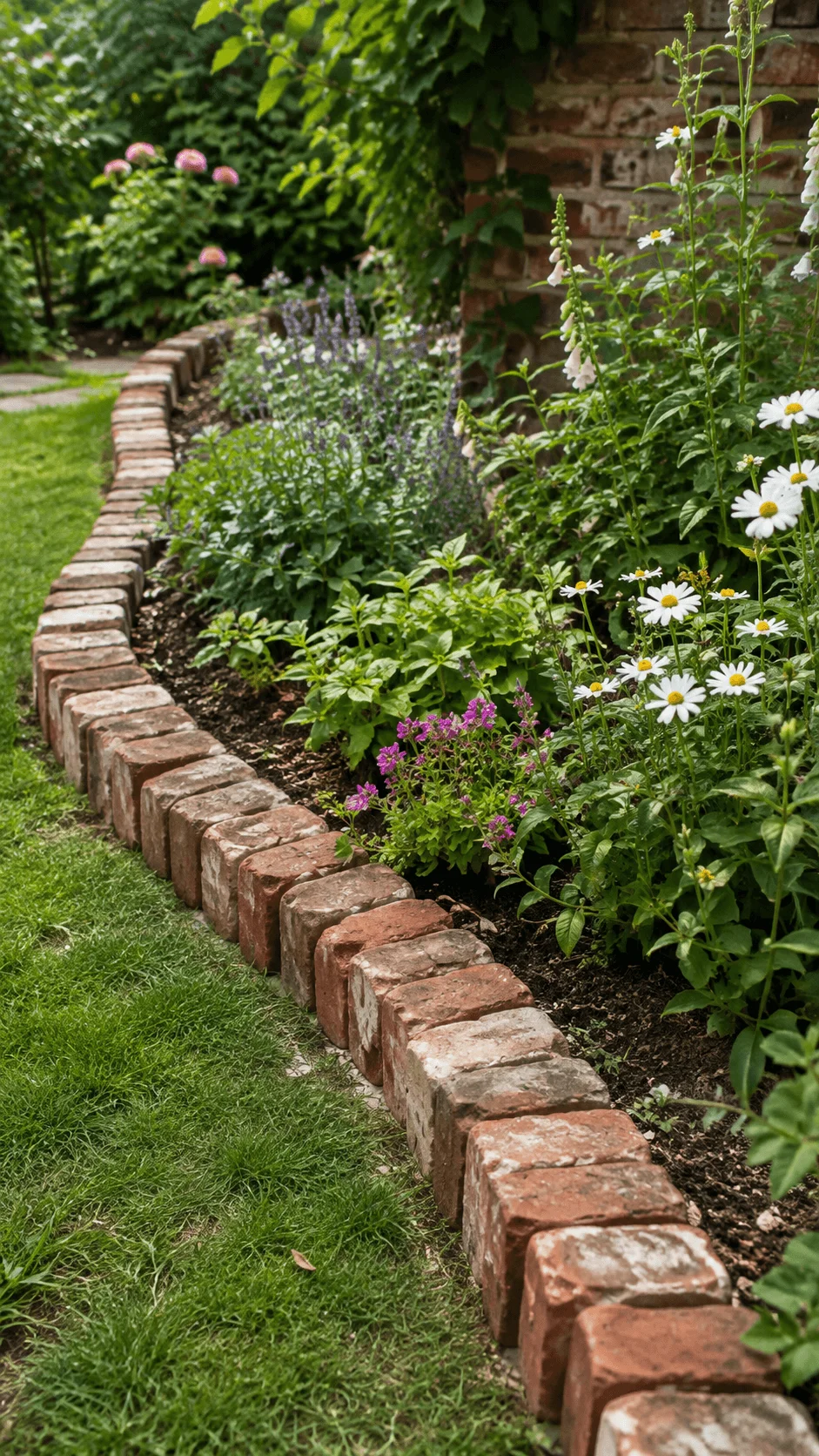 Reclaimed brick garden border with white daisies purple flowers lush greenery and a curved lawn edge