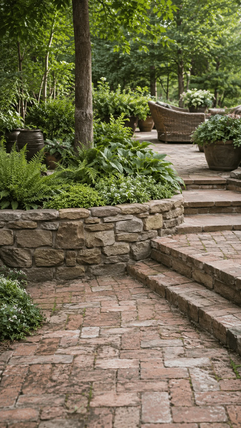 Reclaimed brick pathway and stone retaining wall with lush plants creating a sustainable garden hardscape design