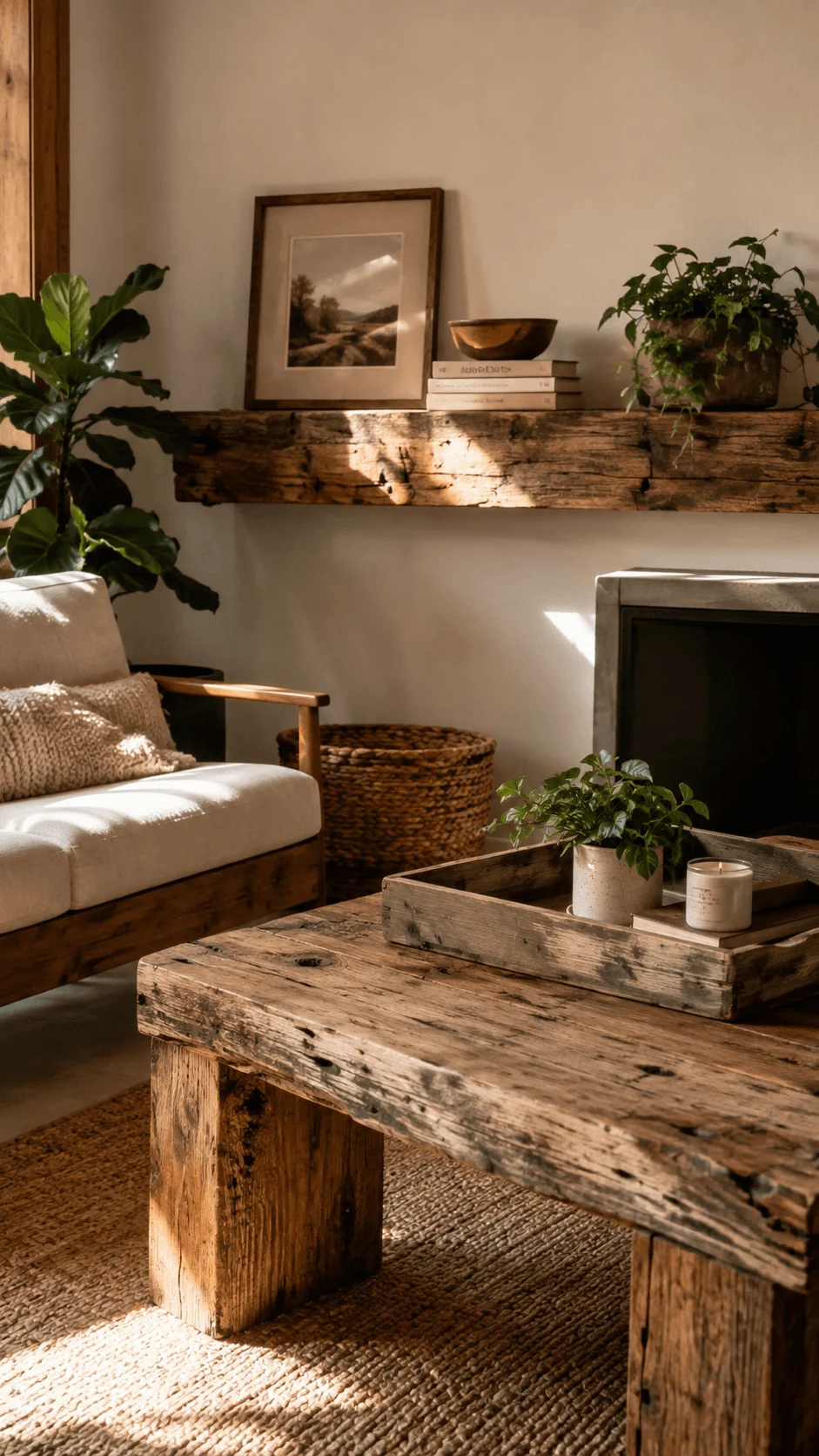Reclaimed wood decor in an eco friendly living room with a rustic wooden shelf and coffee table, natural woven textures, indoor plants, a cozy armchair and warm sunlight