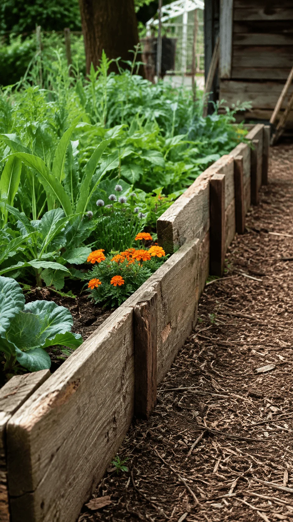 Reclaimed wood garden border with lush vegetables herbs orange flowers and a natural mulch pathway