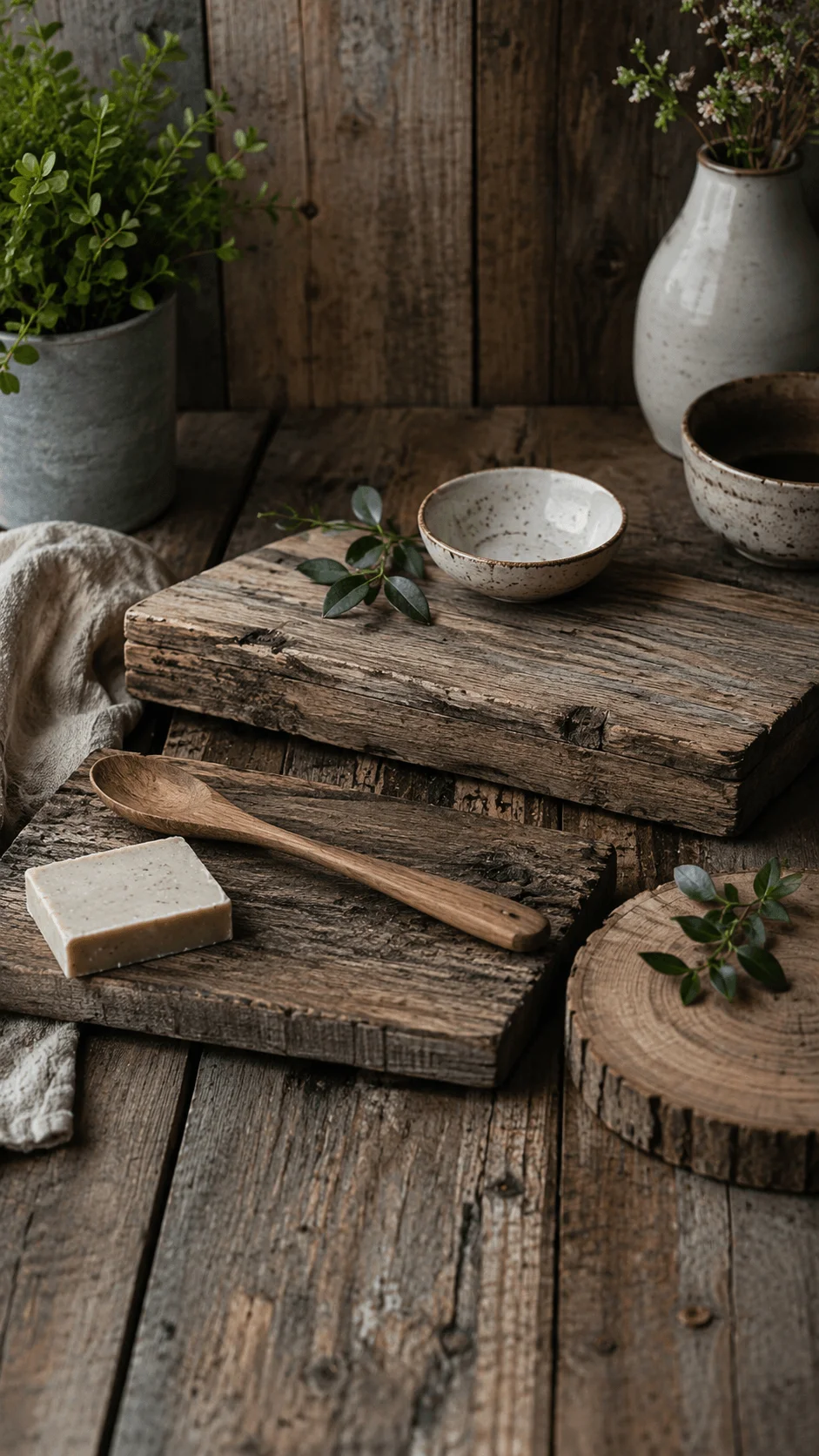 Reclaimed wood photography backdrop with rustic wooden boards, ceramic bowls, a wooden spoon, soap, greenery, and natural textures in earthy tones