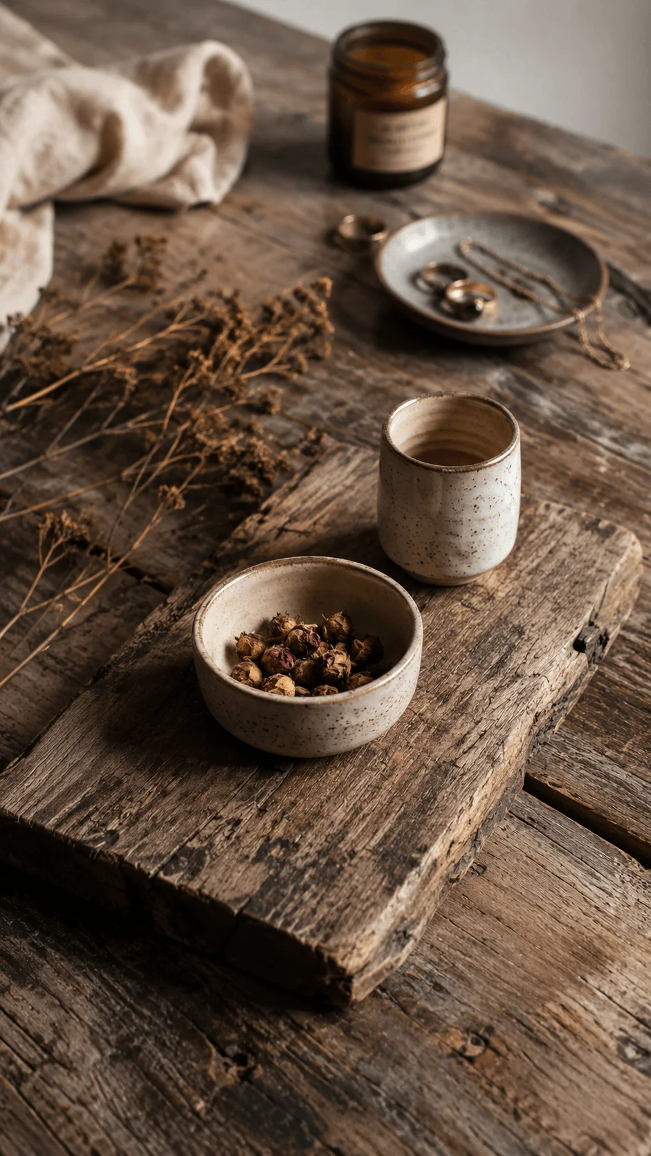 Reclaimed wood photography surface with rustic ceramic bowls, dried flowers, amber glass jar, jewelry dish, and natural linen arranged on a weathered wooden table