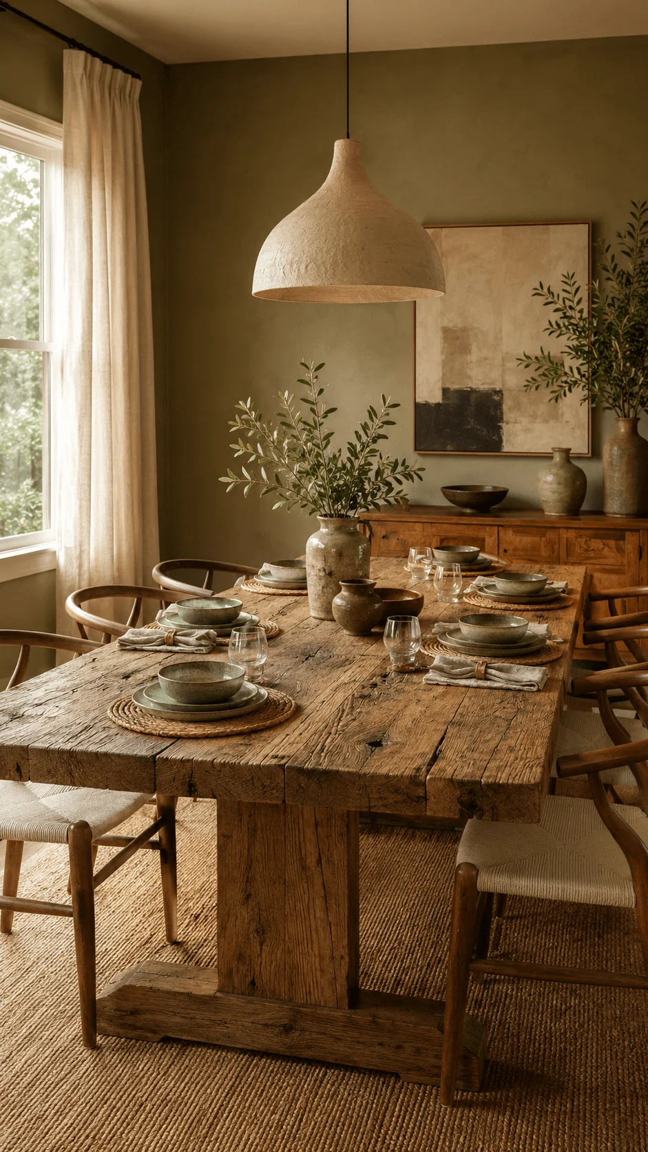 Eco friendly dining room with reclaimed wood table woven chairs natural fiber rug ceramic tableware olive green walls and indoor greenery