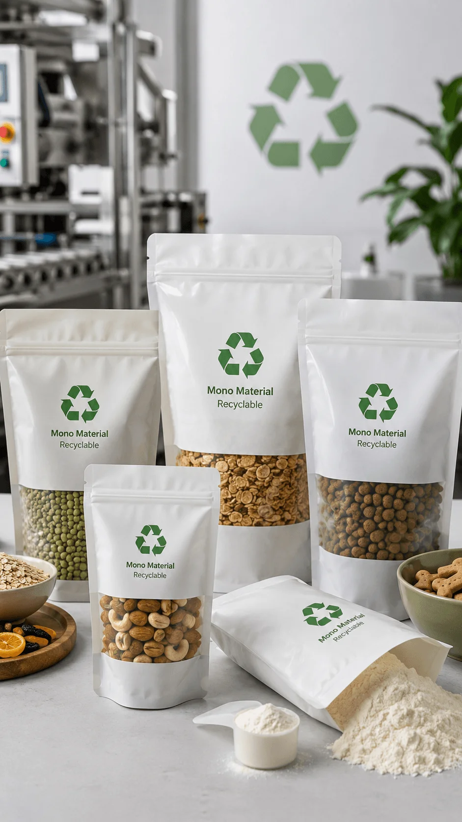 Recyclable mono material food pouches for grains nuts cereal and flour with recycling symbols in a sustainable packaging facility