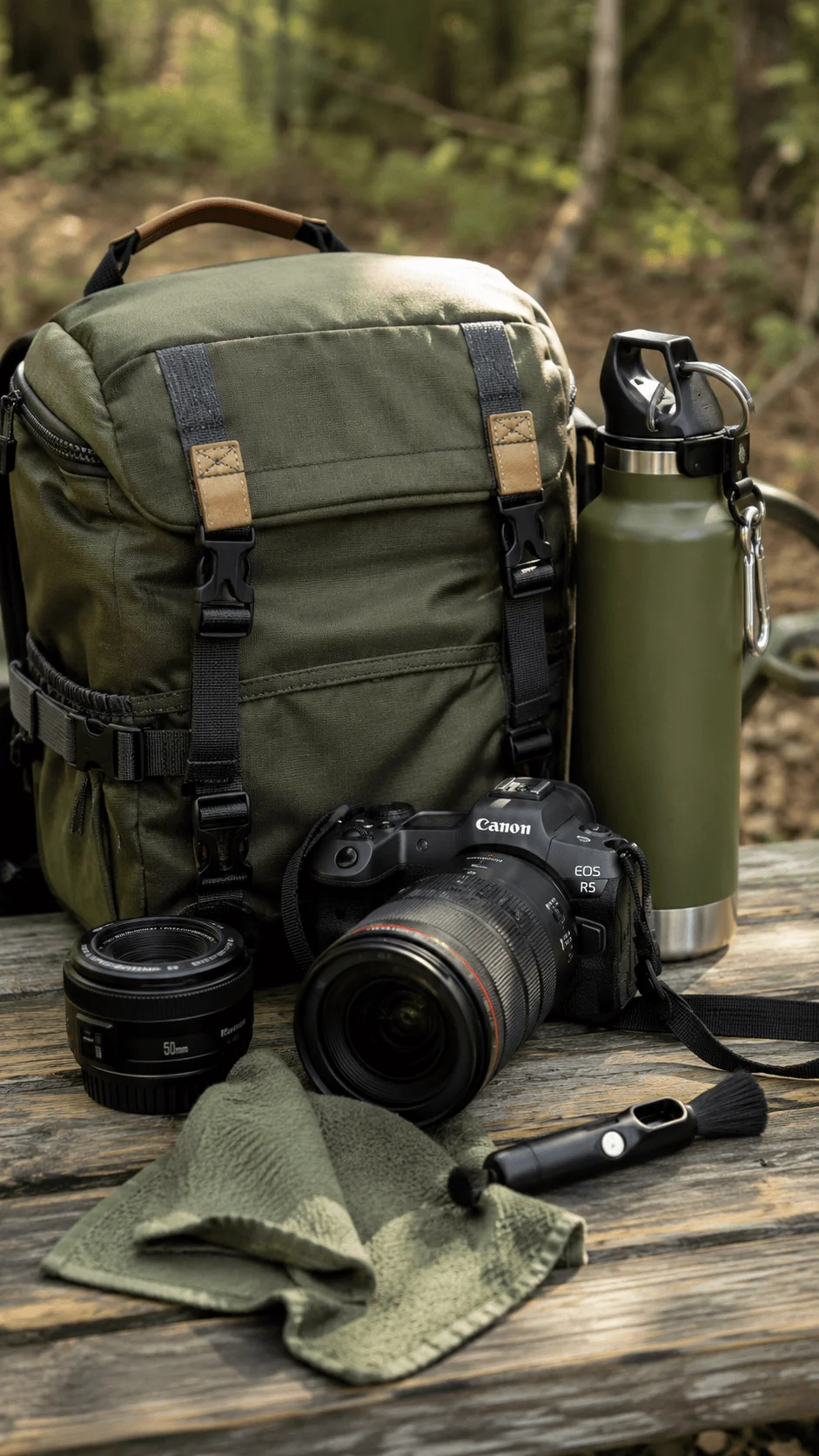 Recycled camera bag with eco friendly photography accessories reusable water bottle camera lenses and cleaning cloth in a forest setting