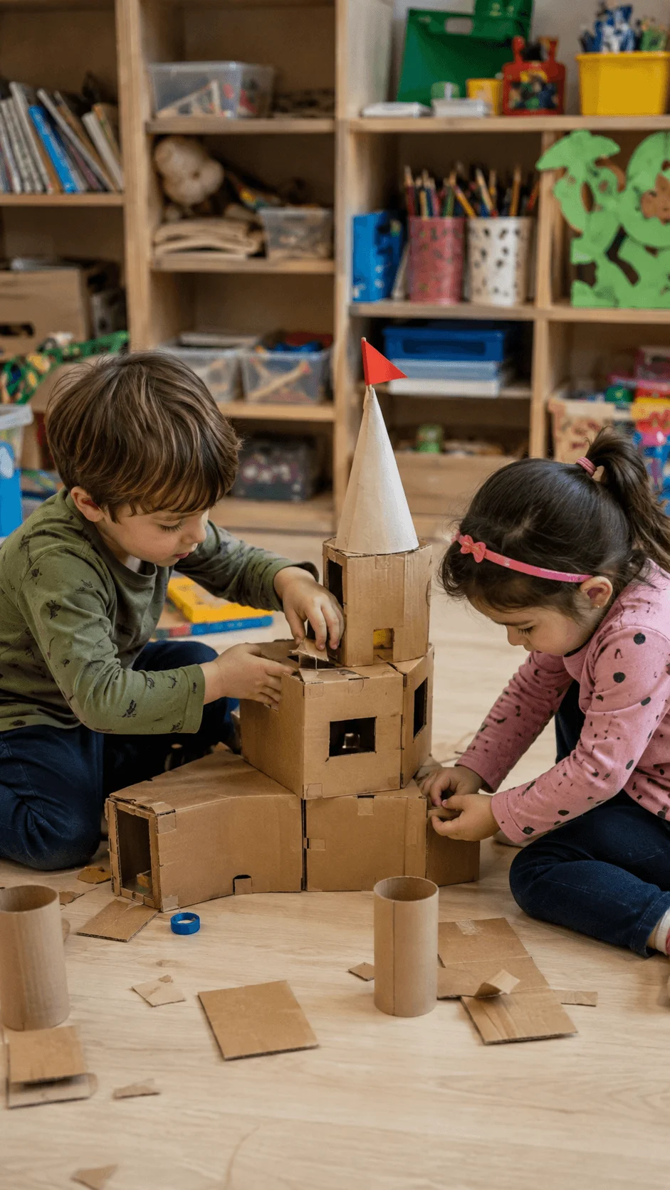Two children building a cardboard castle from recycled materials in a preschool classroom.