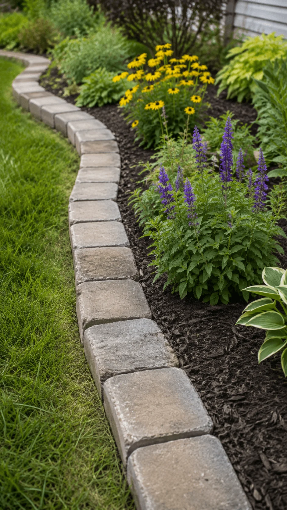 Recycled concrete paver garden border with purple and yellow flowers lush greenery and a curved lawn edge