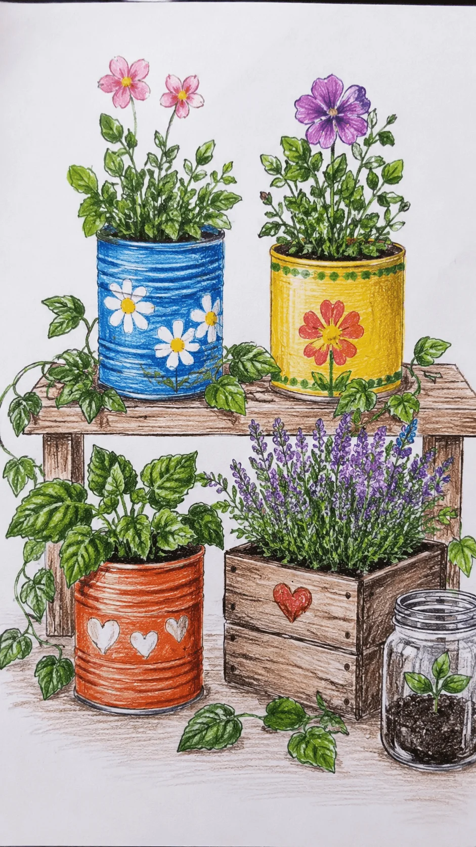 Recycled container garden drawing with colorful painted cans wooden planter box glass jar flowers herbs and trailing green plants