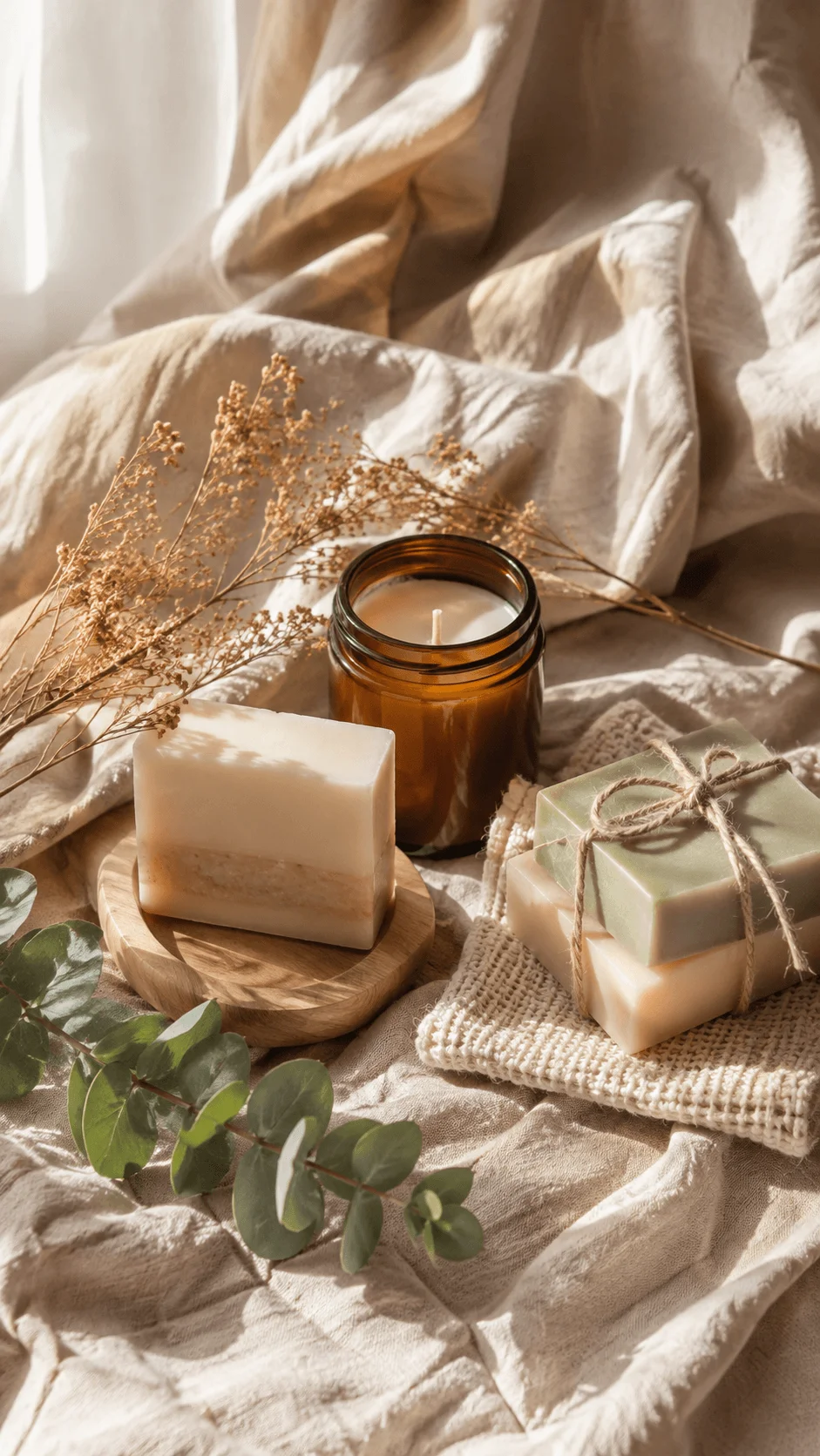 Recycled cotton fabric backdrop with handmade soaps candle dried flowers eucalyptus leaves and natural textures arranged in a warm sustainable photography setting