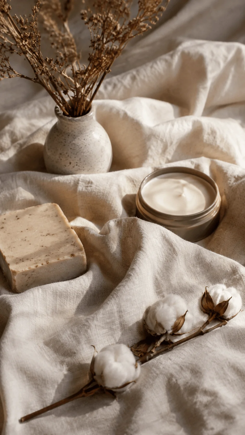 Recycled cotton fabric styled with dried flowers, a ceramic vase, natural soap, and cream in warm neutral tones for aesthetic photography setups