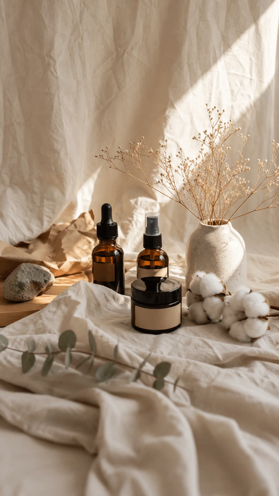 Recycled cotton and linen photography backdrop with amber glass bottles, ceramic vase, dried flowers, cotton stems, natural stone, and soft beige fabric in warm sunlight