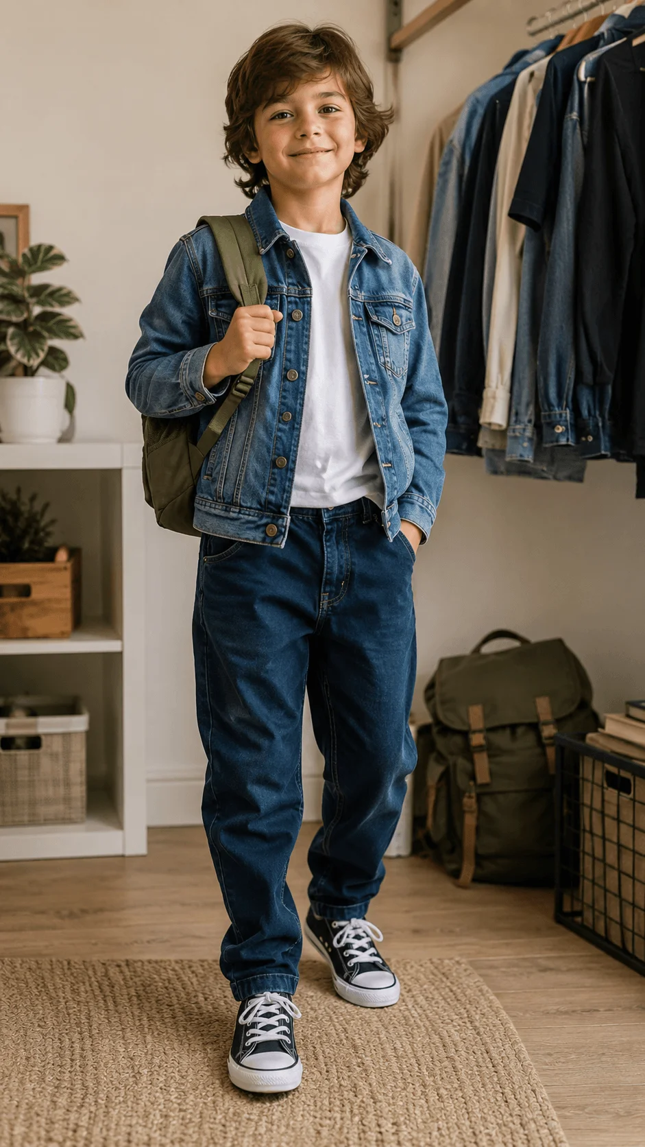 Child wearing a recycled denim jacket with jeans white T shirt black sneakers and a backpack for a sustainable back to school outfit