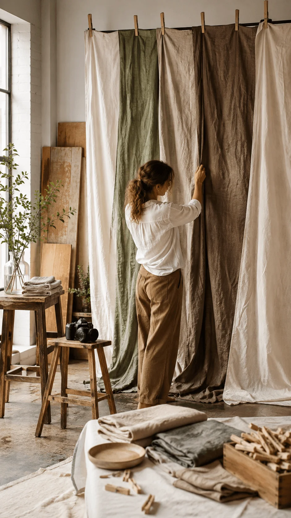 Photographer arranging recycled fabric backdrops in a natural studio with linen textures, wooden props, camera equipment and earthy sustainable styling elements