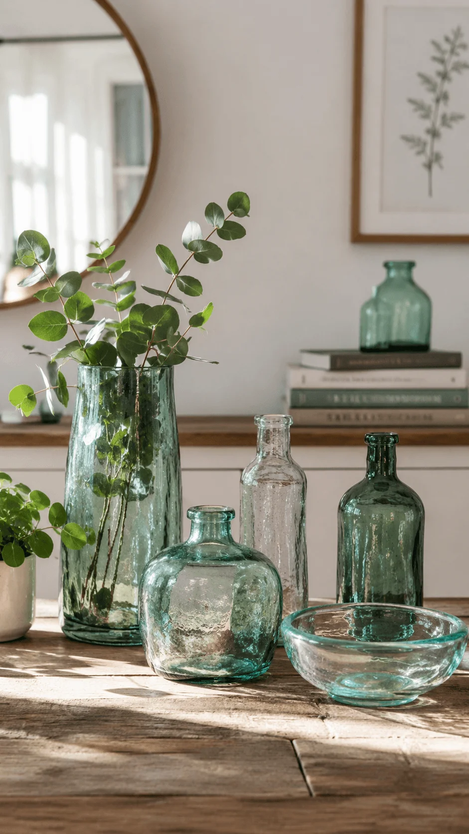 Recycled glass vases and bowls displayed on a rustic wooden table with fresh greenery, natural sunlight and sustainable home decor styling