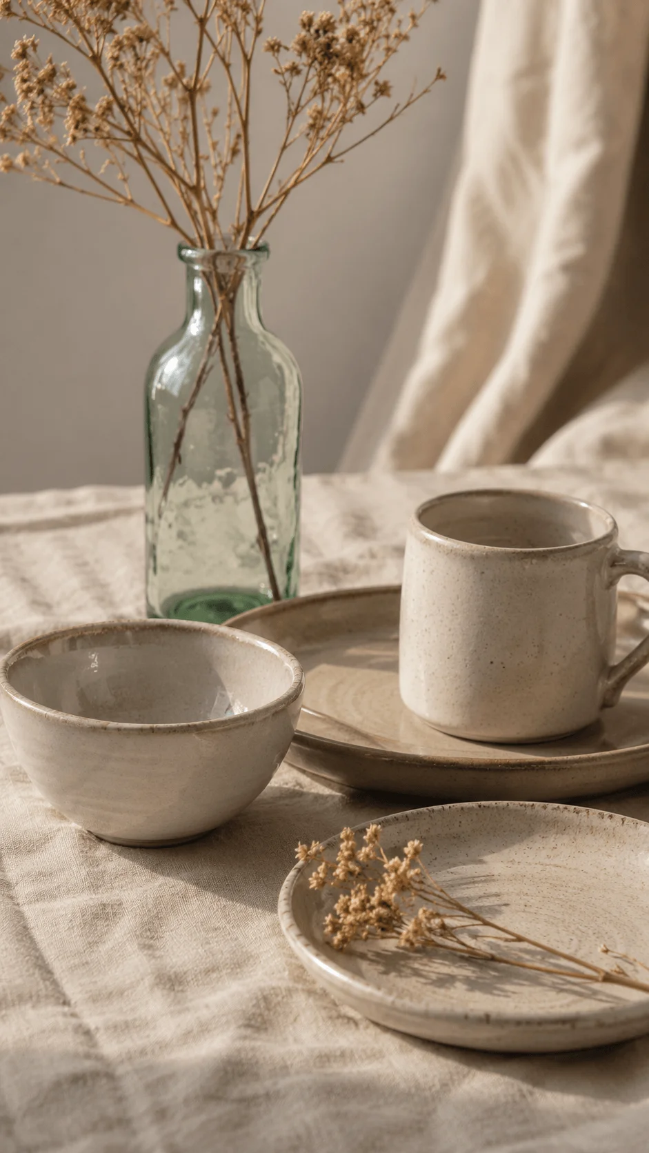 Recycled glass and ceramic props with handmade bowls plates cup vase dried flowers and natural fabric arranged in a sustainable aesthetic photography setting