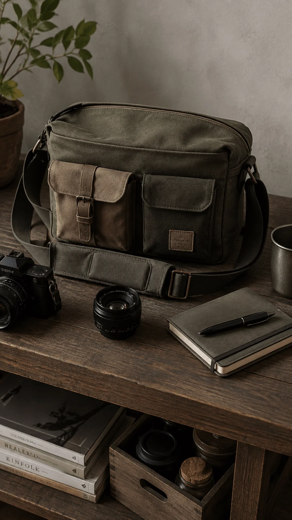 Recycled material aesthetic camera bag with a dark green fabric body, camera, lens, notebook, pen, and plant on a rustic wooden desk
