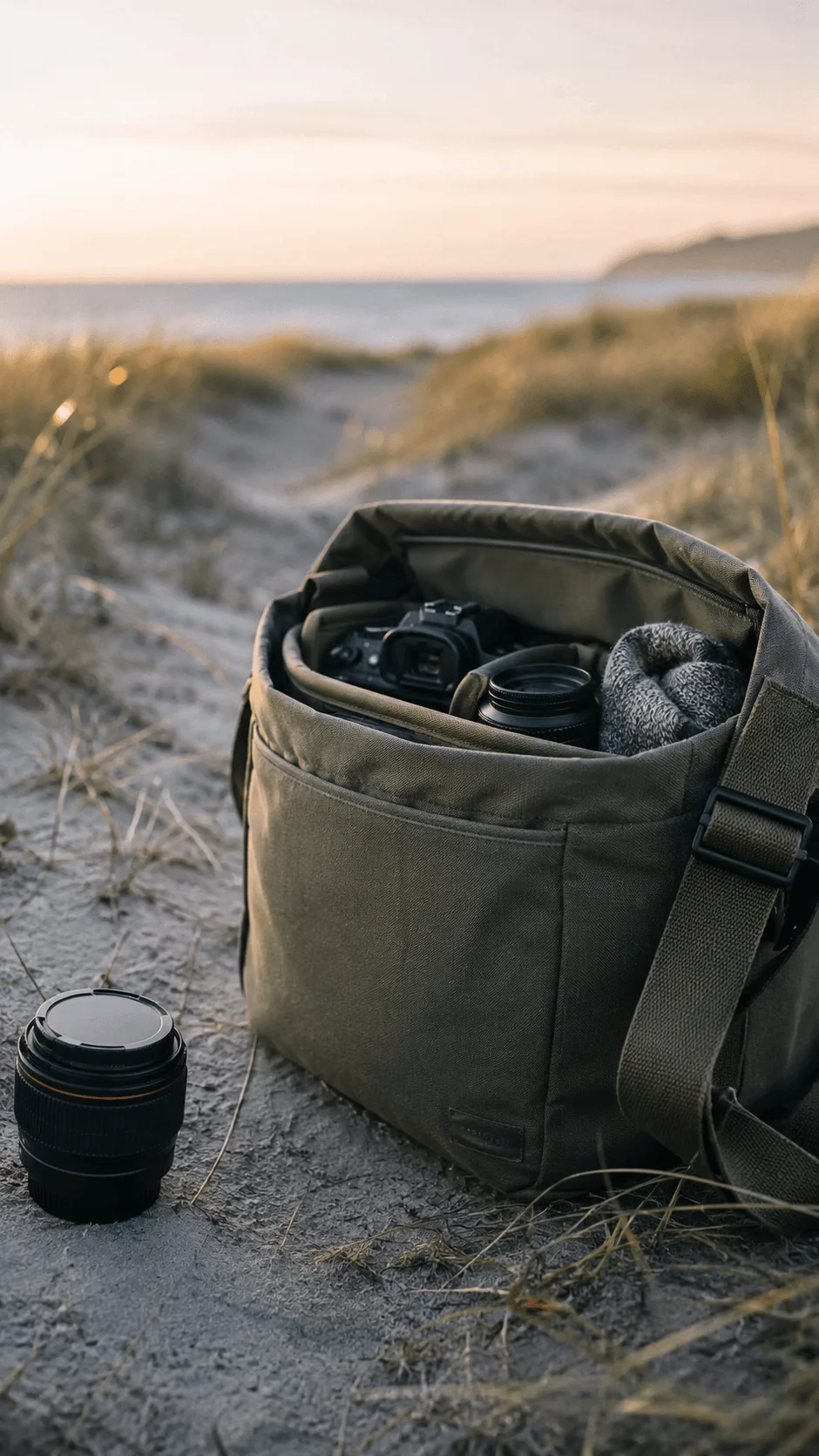 Recycled material camera bag with camera and lens on a sandy coastal path near the ocean at sunset
