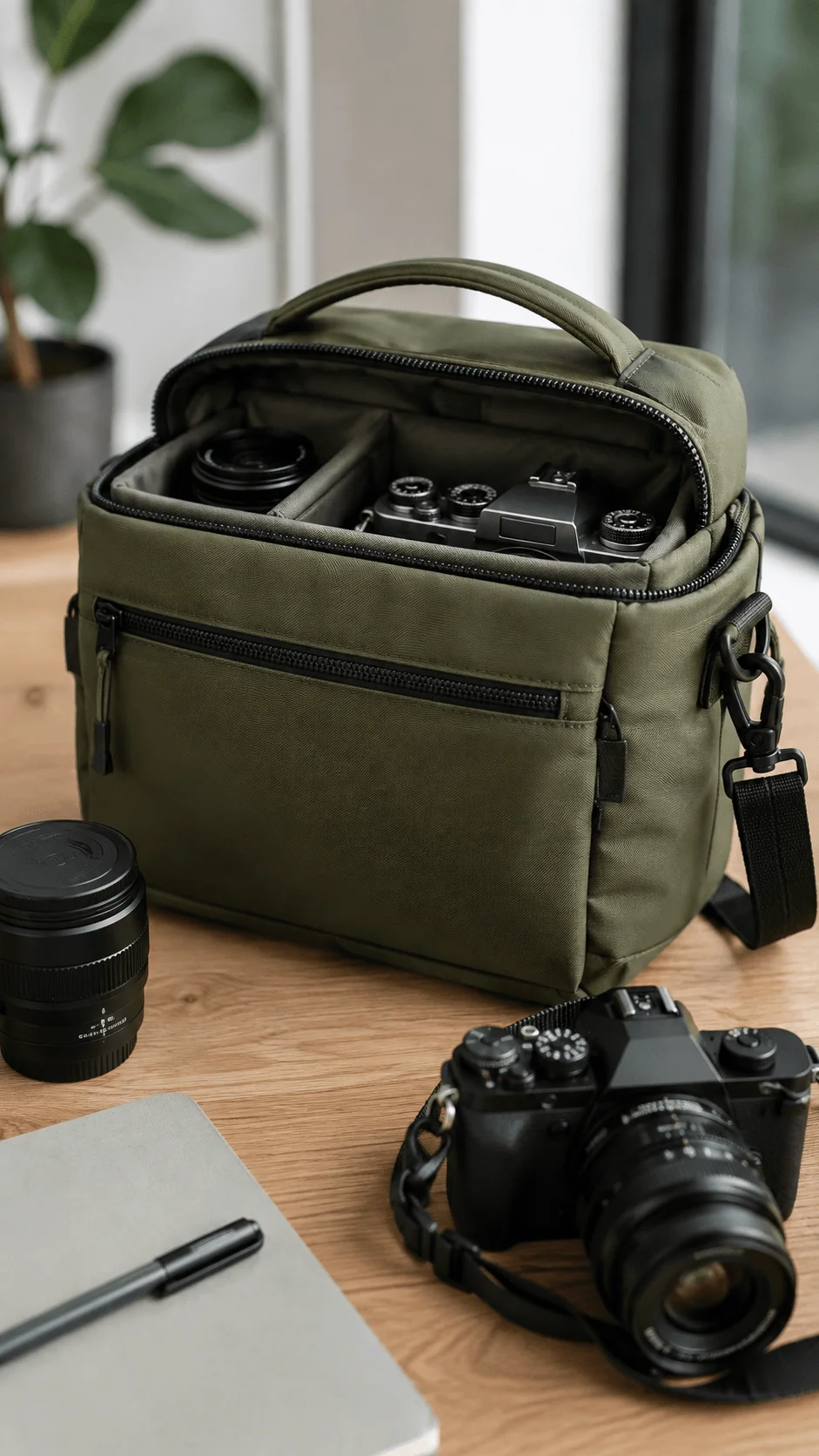 Recycled nylon camera bag with organized compartments, camera gear, lens and notebook on a wooden table