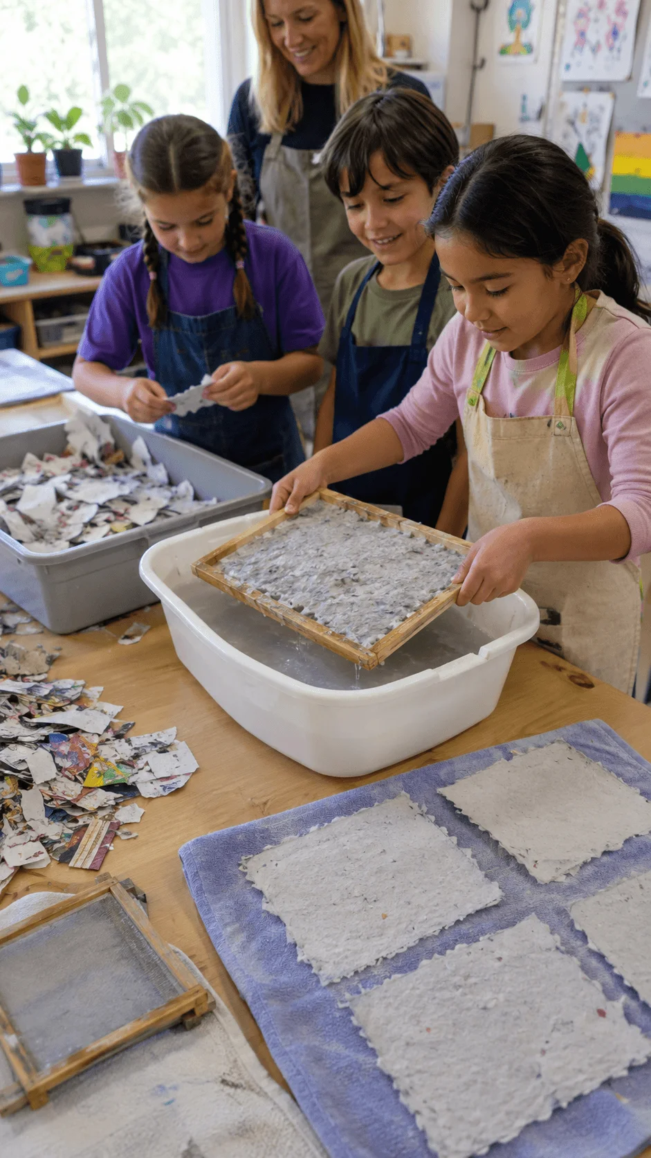 Students making recycled paper by turning shredded paper into handmade sheets during an eco friendly classroom craft activity