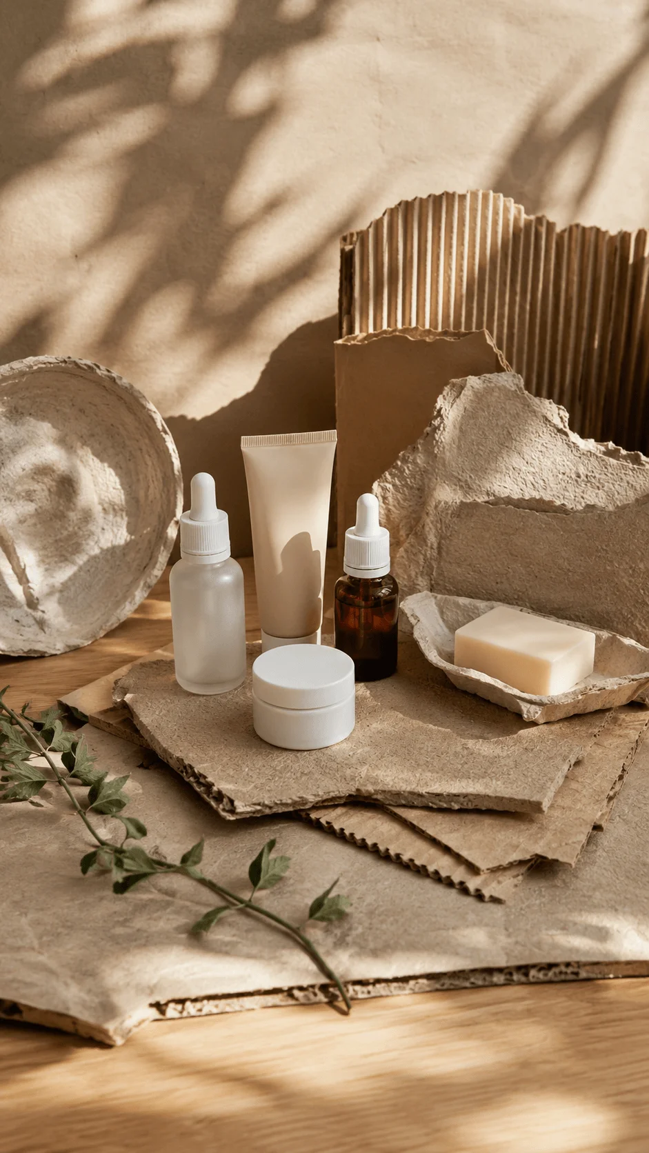 Recycled paper and molded paper photography props with natural skincare containers, handmade soap, textured paper backdrops, and greenery in warm earthy tones