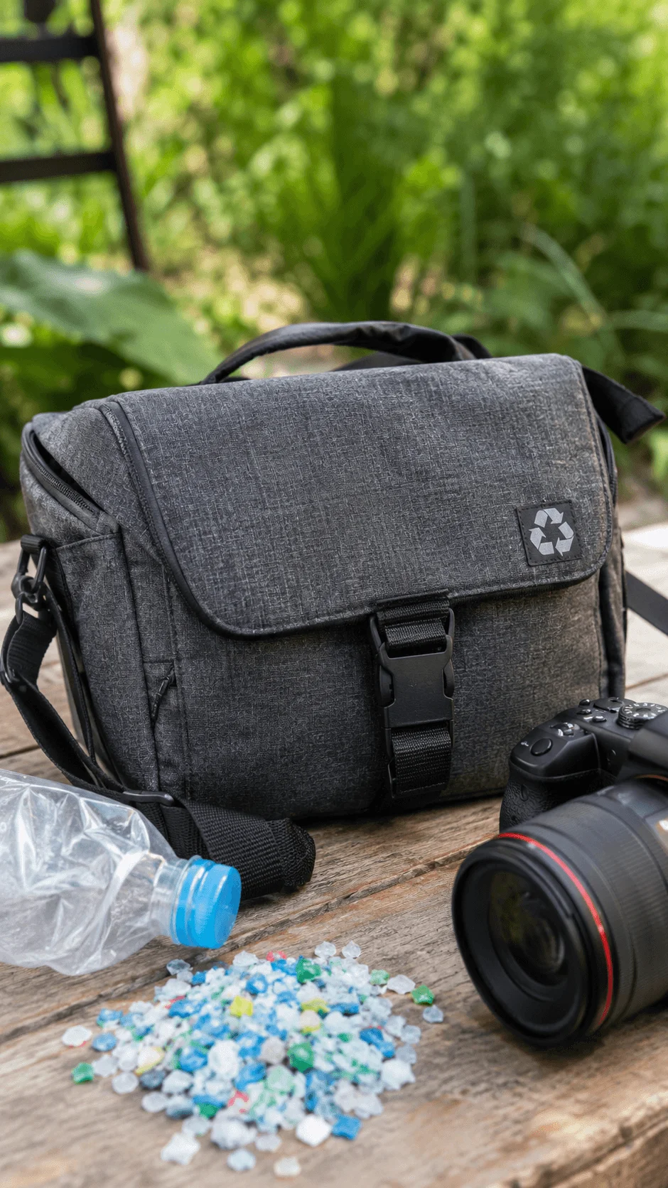Recycled plastic camera bag with a recycling symbol, camera lens, plastic bottle and recycled plastic pieces outdoors