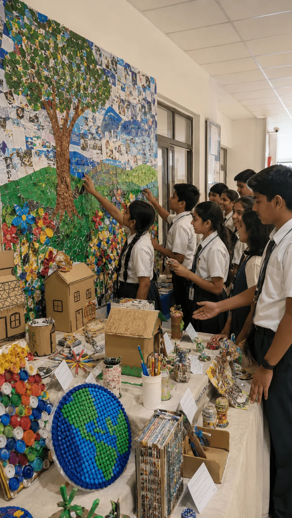 Students viewing a recycled school waste art exhibition featuring cardboard models bottle cap Earth art and a large nature mural made from reused materials