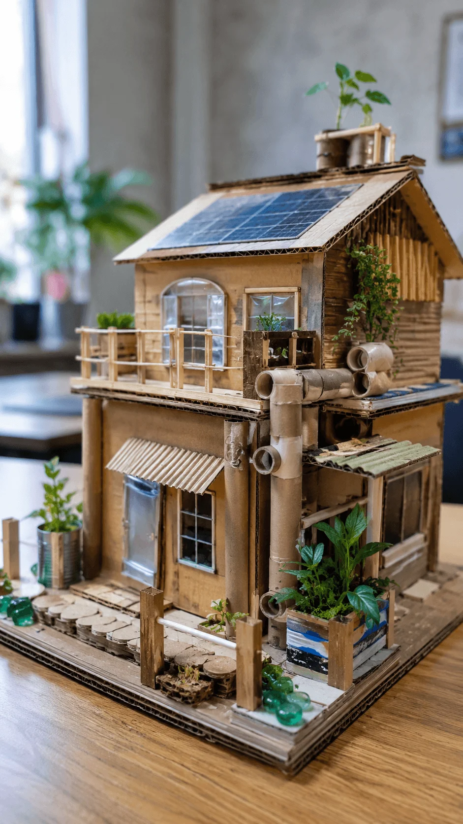 Eco friendly house model made from recycled and reclaimed materials with cardboard solar panels reused containers and small plants