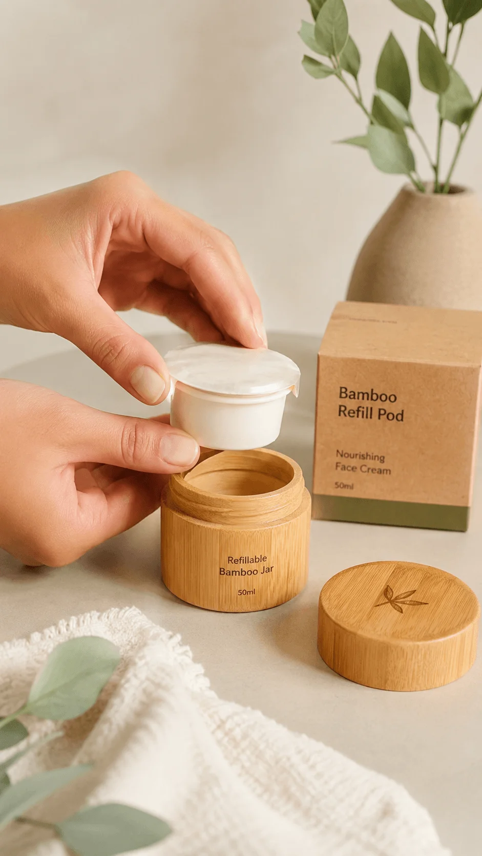 Refillable bamboo cosmetic jar with removable face cream pod and bamboo lid on a natural skincare display
