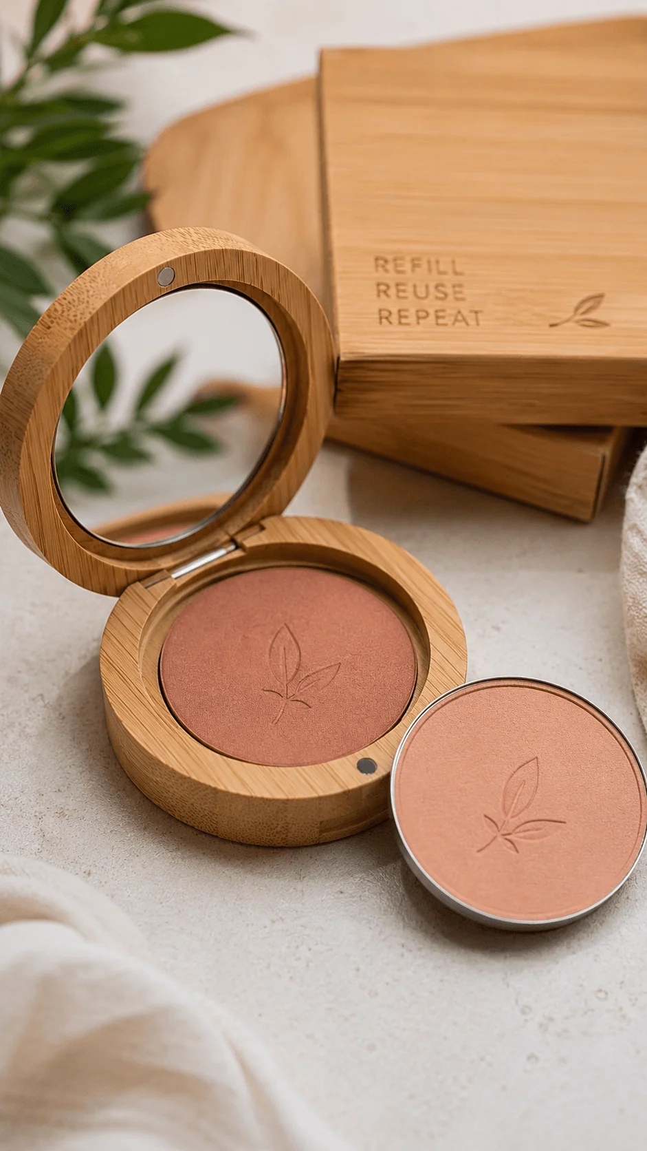 Refillable bamboo makeup compact with mirror blush pan and removable refill displayed with natural eco friendly packaging