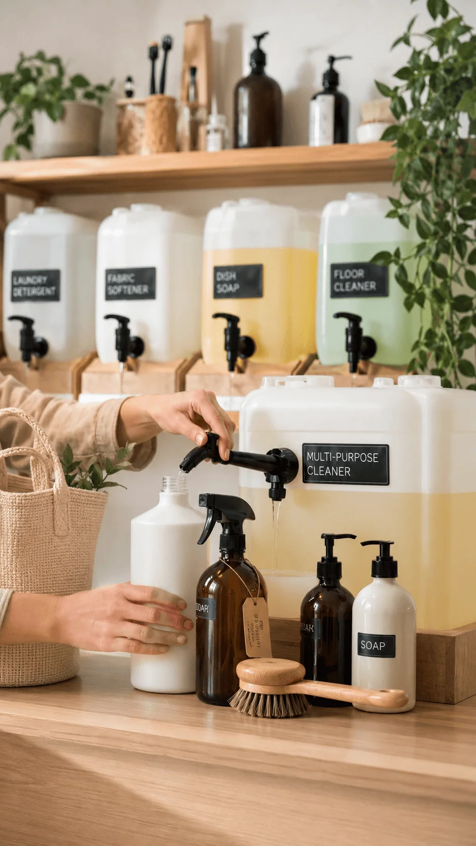 Refillable home cleaning products business with reusable bottles bulk cleaning dispensers and sustainable refill station