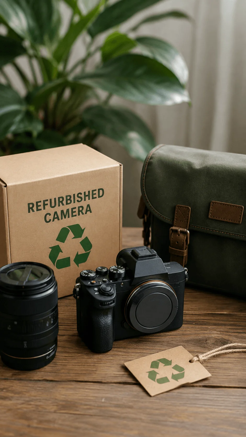 Refurbished camera with lens recycled packaging and eco friendly camera bag for sustainable creators