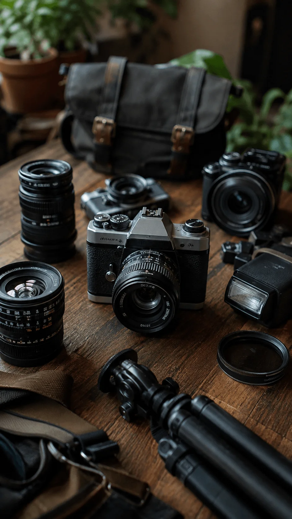 Refurbished photography equipment with second hand cameras lenses flash and tripod arranged on a wooden table with a vintage camera bag and indoor plants