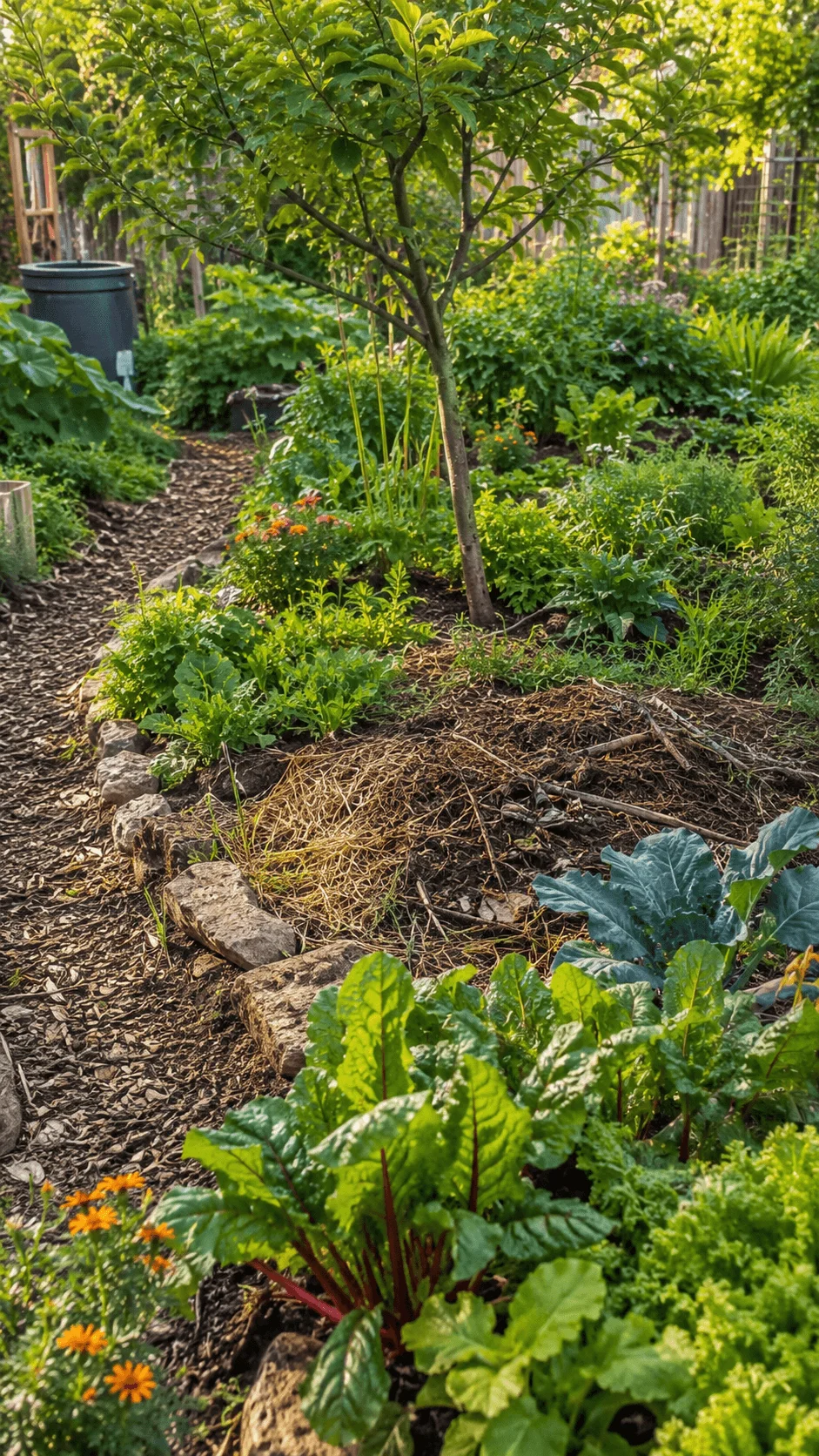 Regenerative garden landscaping with compost rich soil edible plants fruit tree flowers natural mulch and diverse sustainable planting