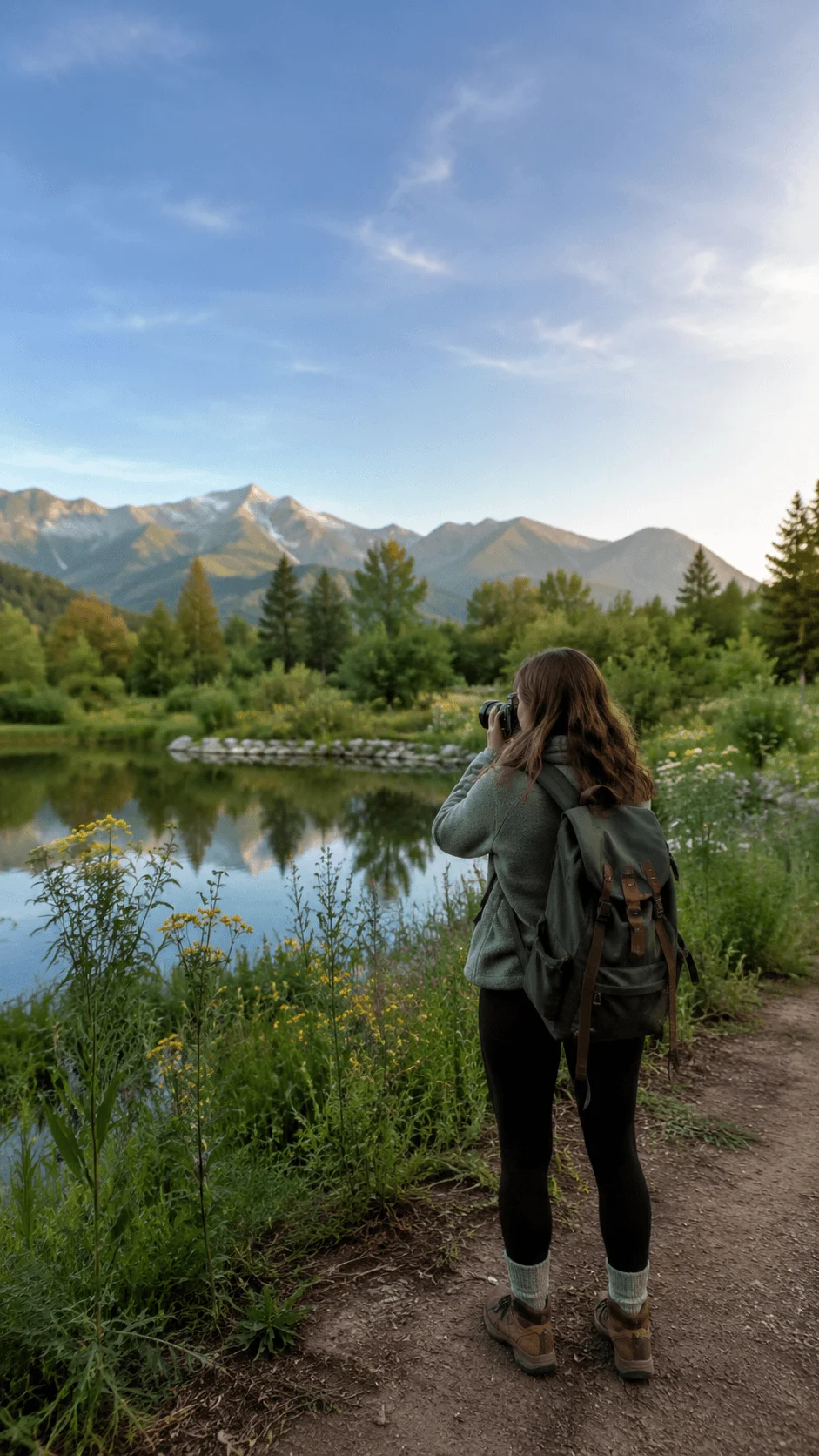 Regenerative landscape photography with a photographer capturing a restored natural habitat featuring a peaceful pond, wildflowers, lush greenery, and mountains.