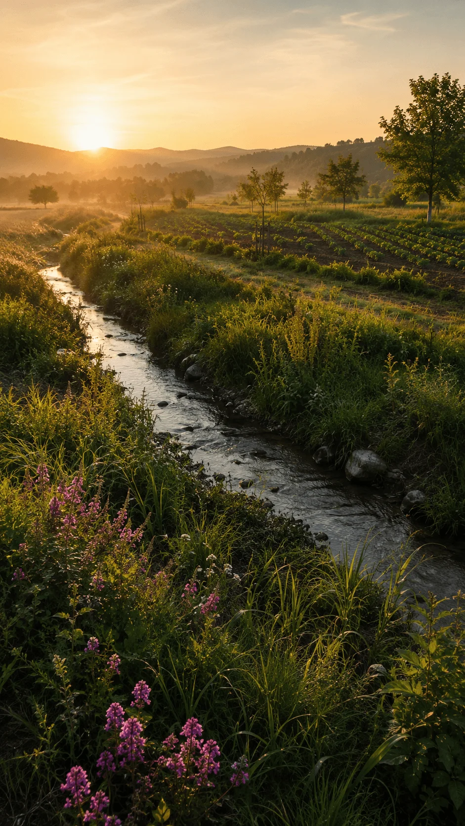 Regenerative farmland with a flowing stream diverse crops native trees and wildflowers glowing in warm sunrise light
