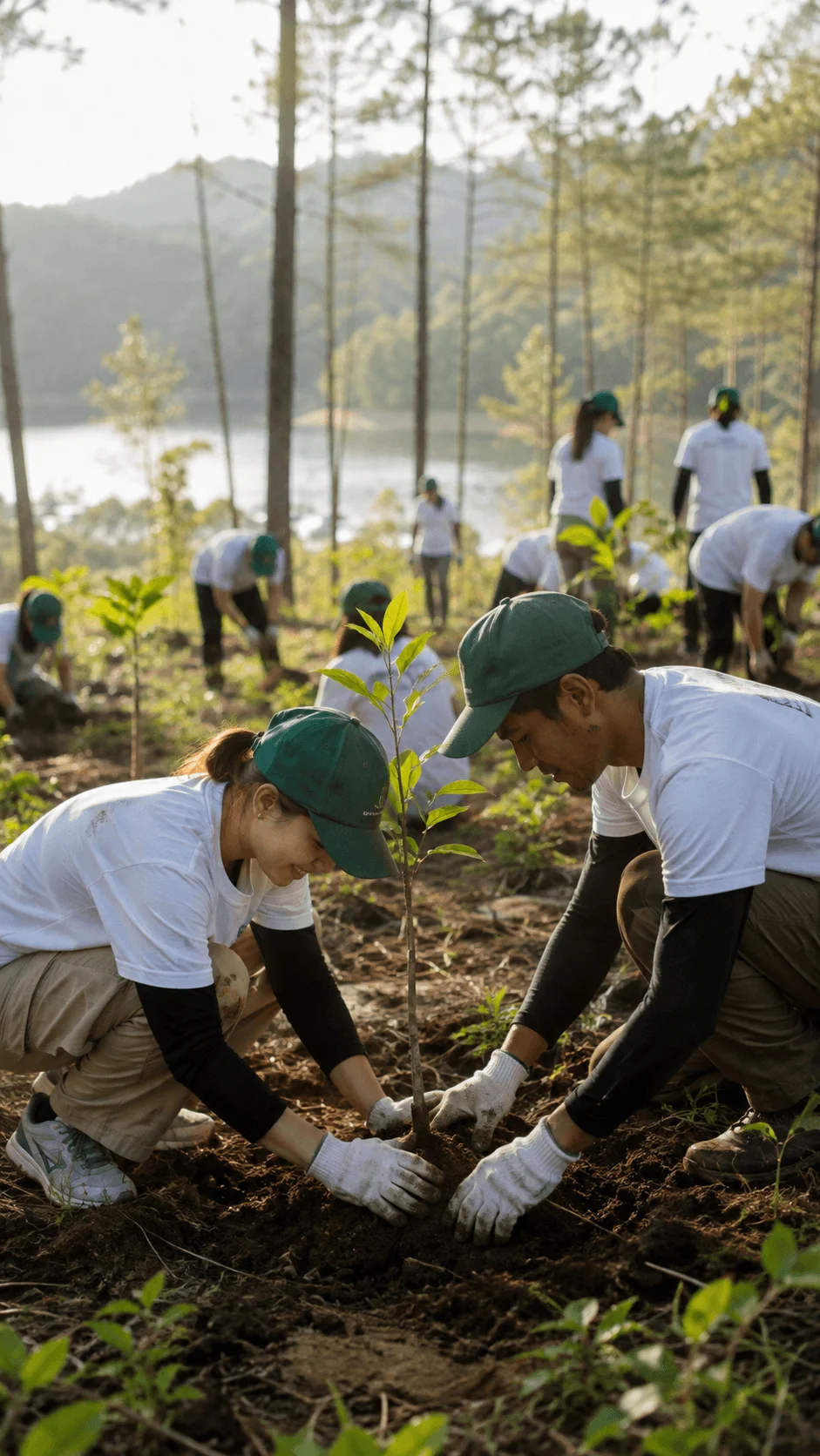 Regenerative travel photography showing volunteers planting young trees for nature conservation near a forest lake