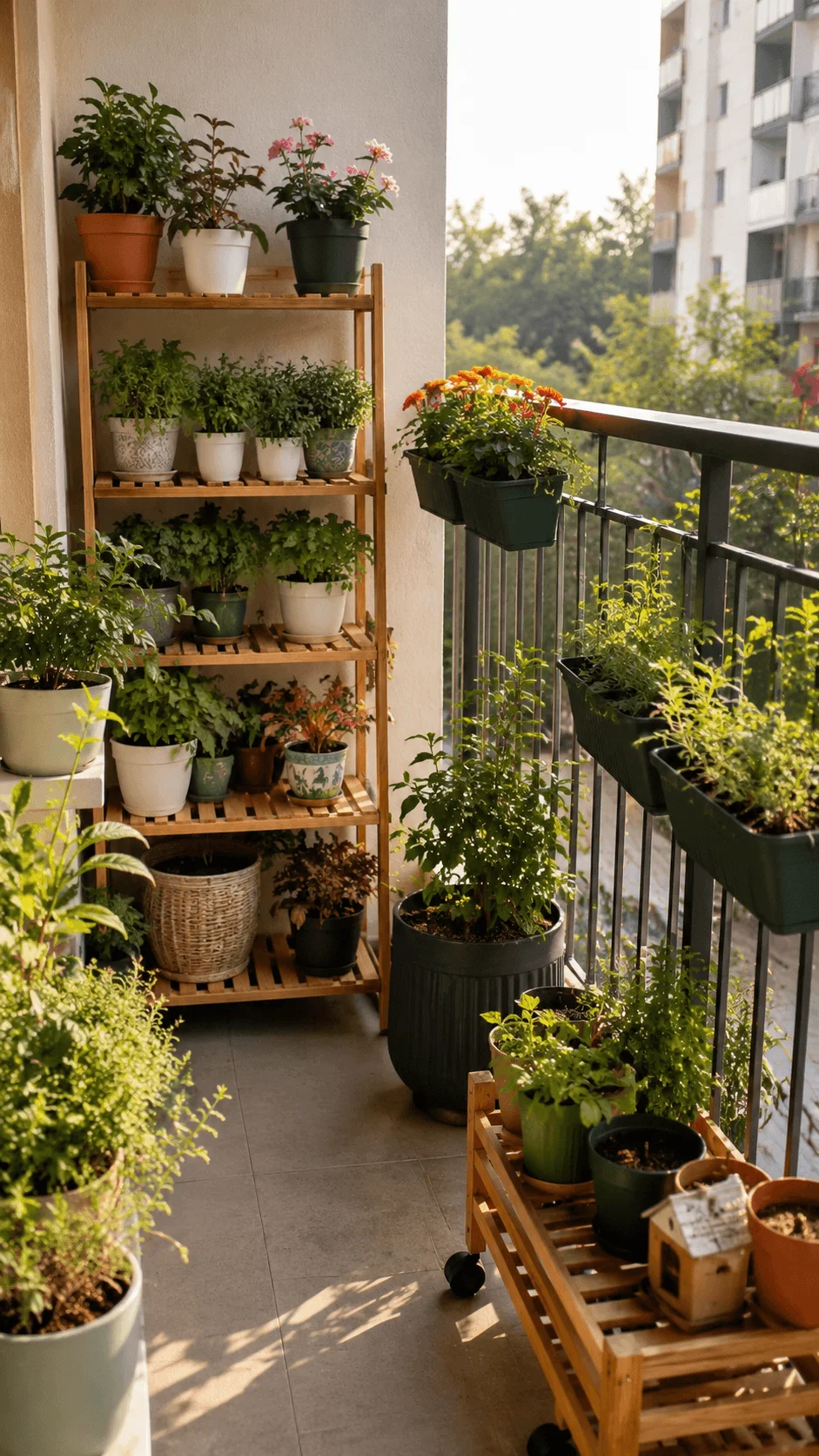 Renter friendly eco friendly balcony garden with portable wooden shelves railing planters herbs flowers and reusable pots