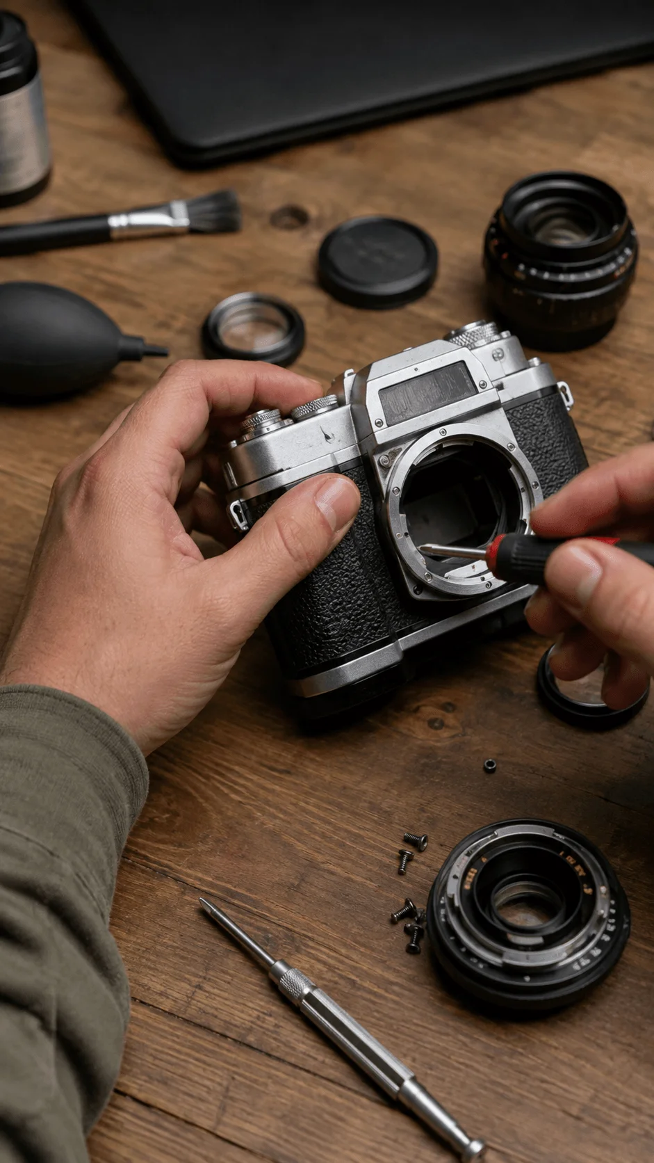 Vintage camera being repaired with a screwdriver on a wooden workbench surrounded by camera lenses, tools, screws, and cleaning equipment