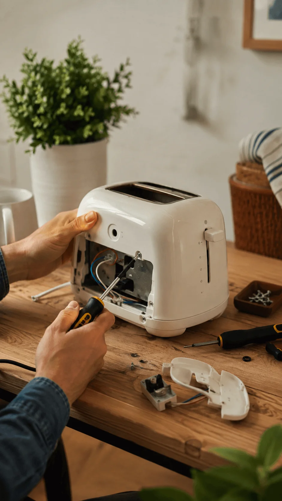 Person repairing a broken toaster with a screwdriver on a wooden table instead of replacing it