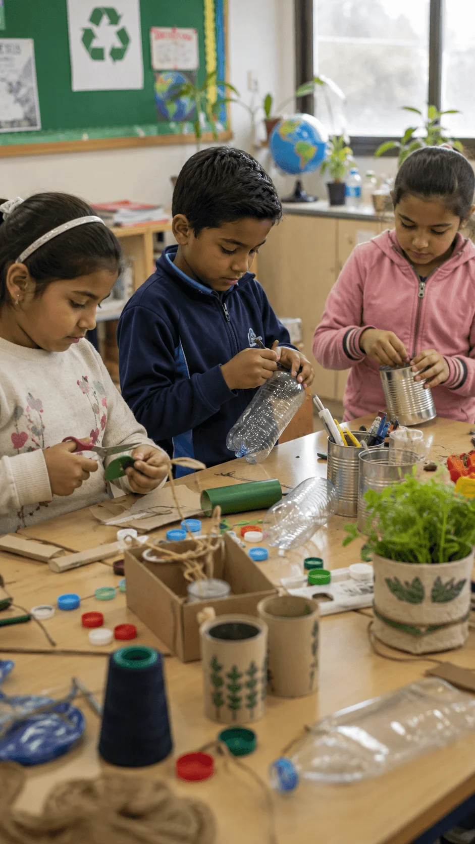 Students creating useful crafts from recycled bottles cans cardboard and other materials during a repair and reuse workshop
