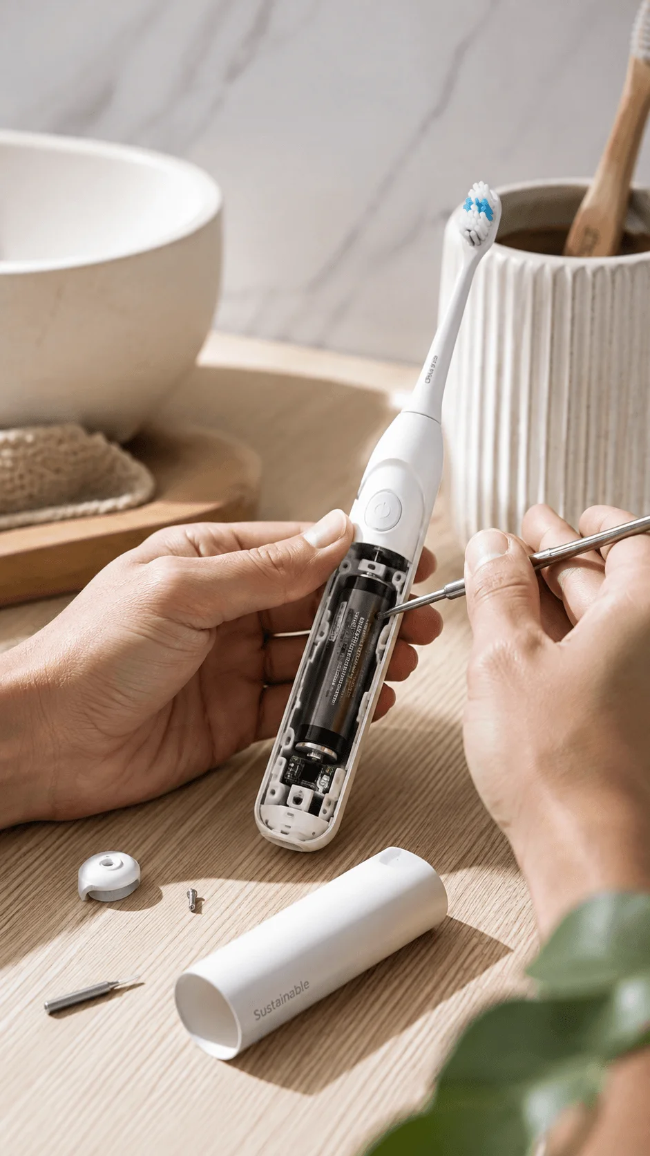 Repairable electric toothbrush with removable casing exposed battery and internal components being serviced with a screwdriver on a wooden bathroom counter
