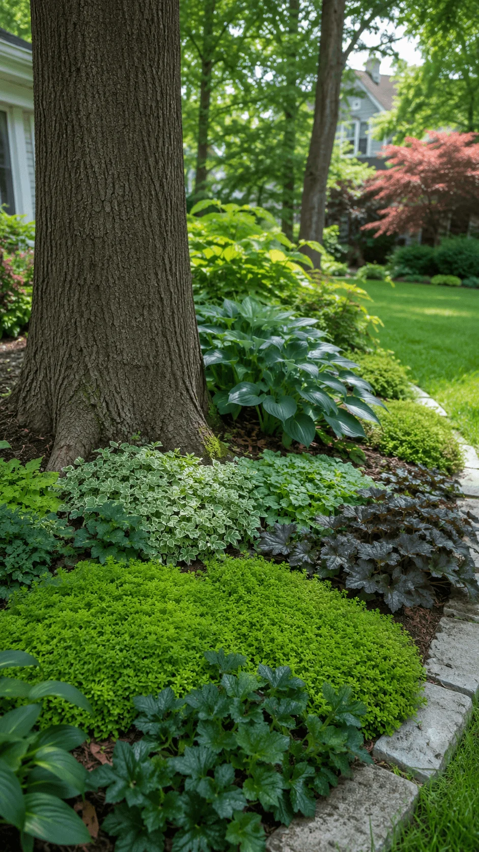 Eco friendly groundcover garden around a mature tree with hostas shade tolerant plants lush greenery and natural stone edging