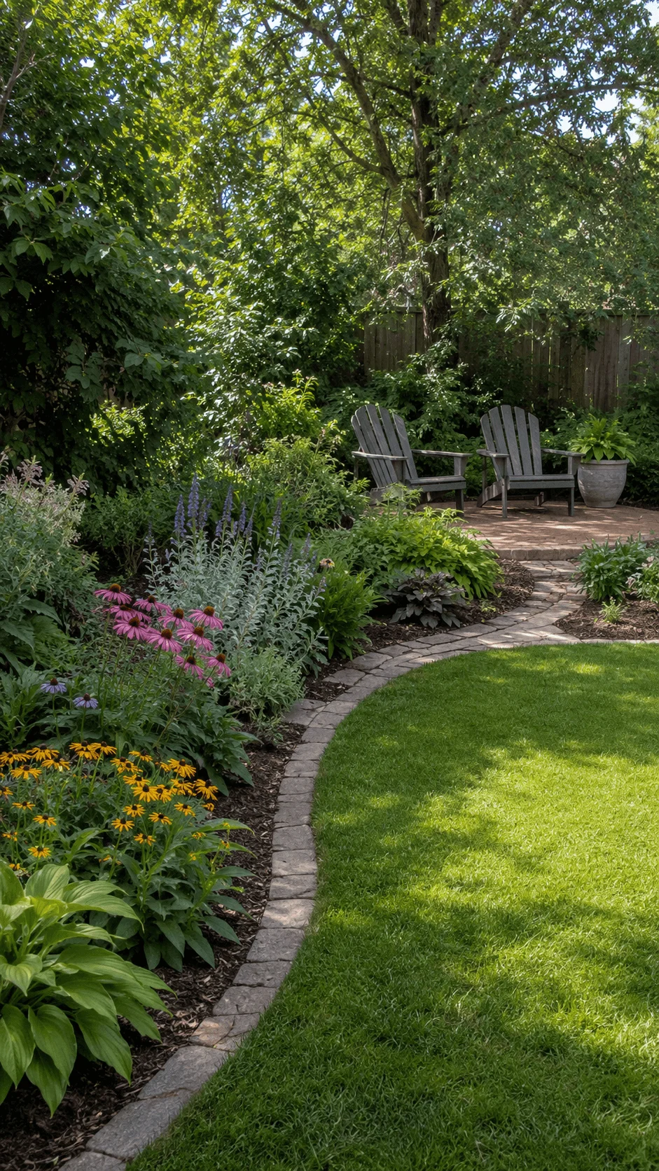 Eco friendly backyard with reduced lawn native flower beds curved stone edging mature trees and shaded seating area