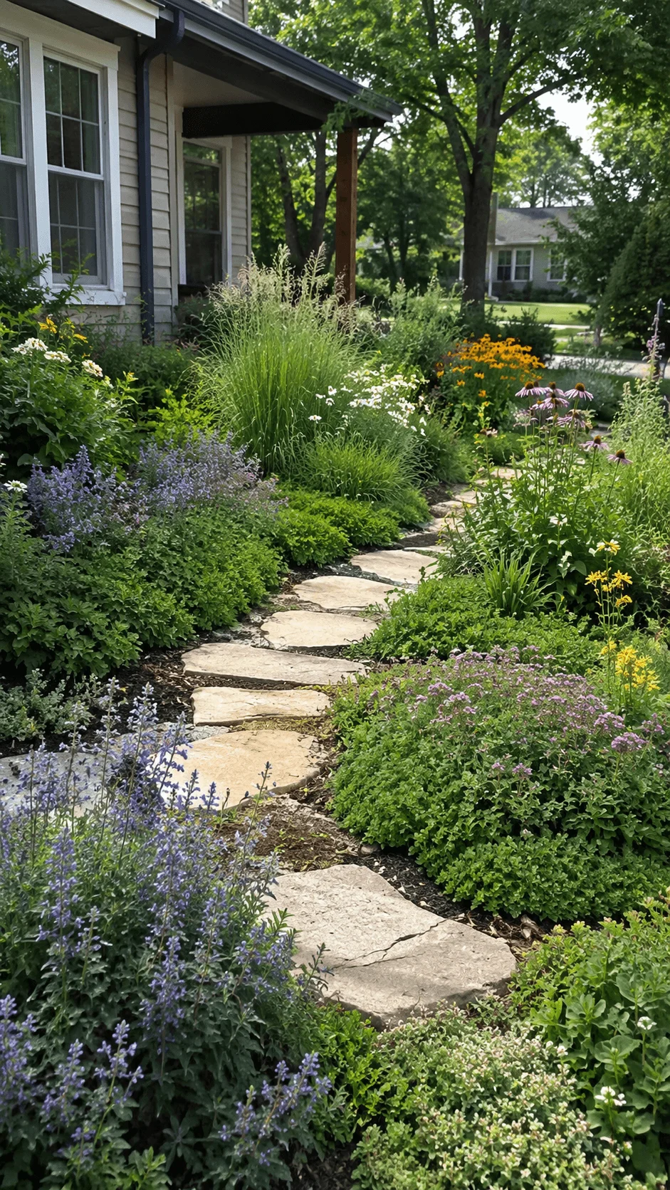 Eco friendly front yard garden replacing traditional lawn with native flowers, ornamental grasses, ground cover plants, and a natural stone pathway