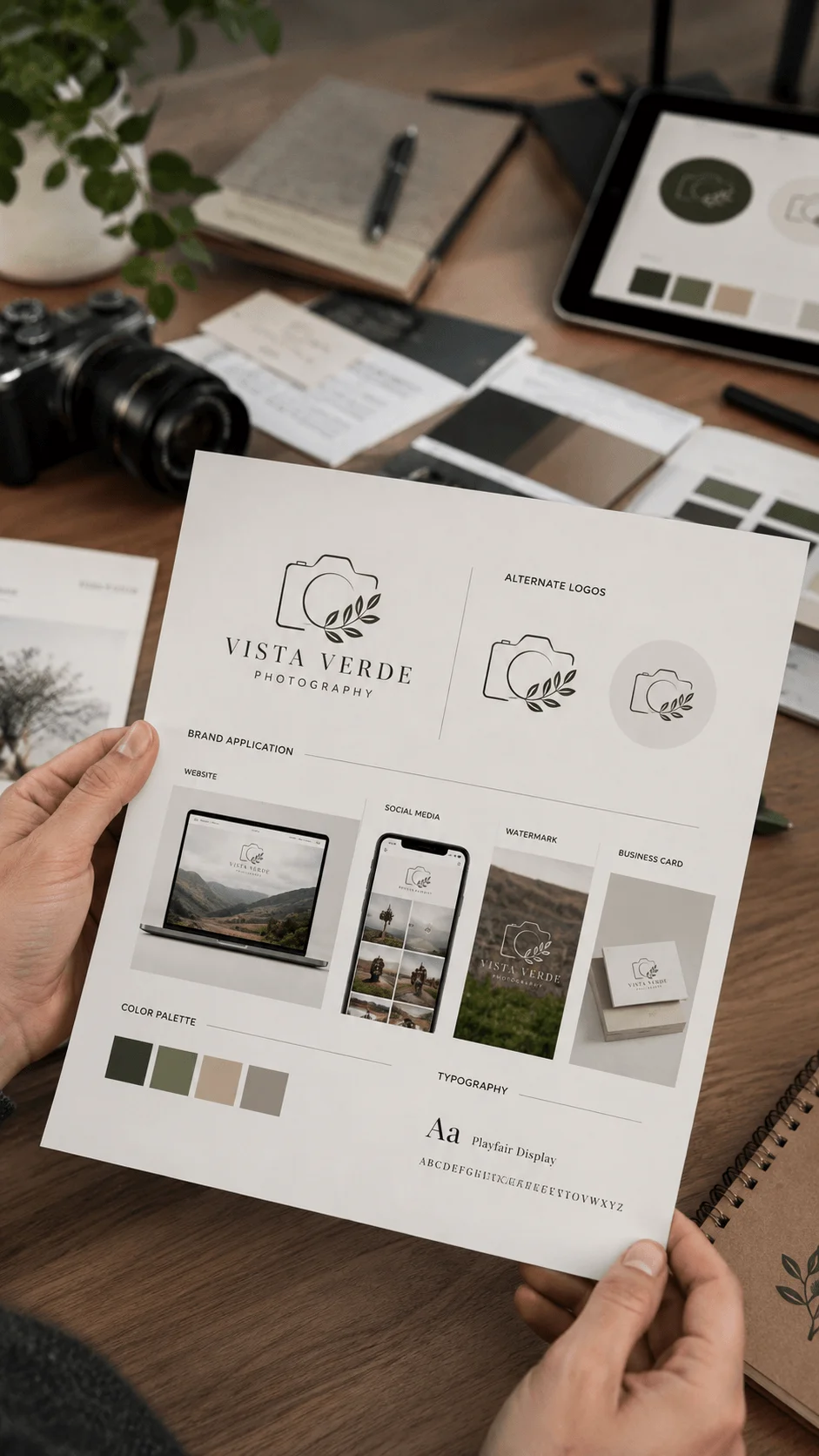 Responsive logo system design board showing a nature inspired photography brand identity with logo variations, website mockup, social media preview, watermark, business card, color palette, and typography on a creative workspace